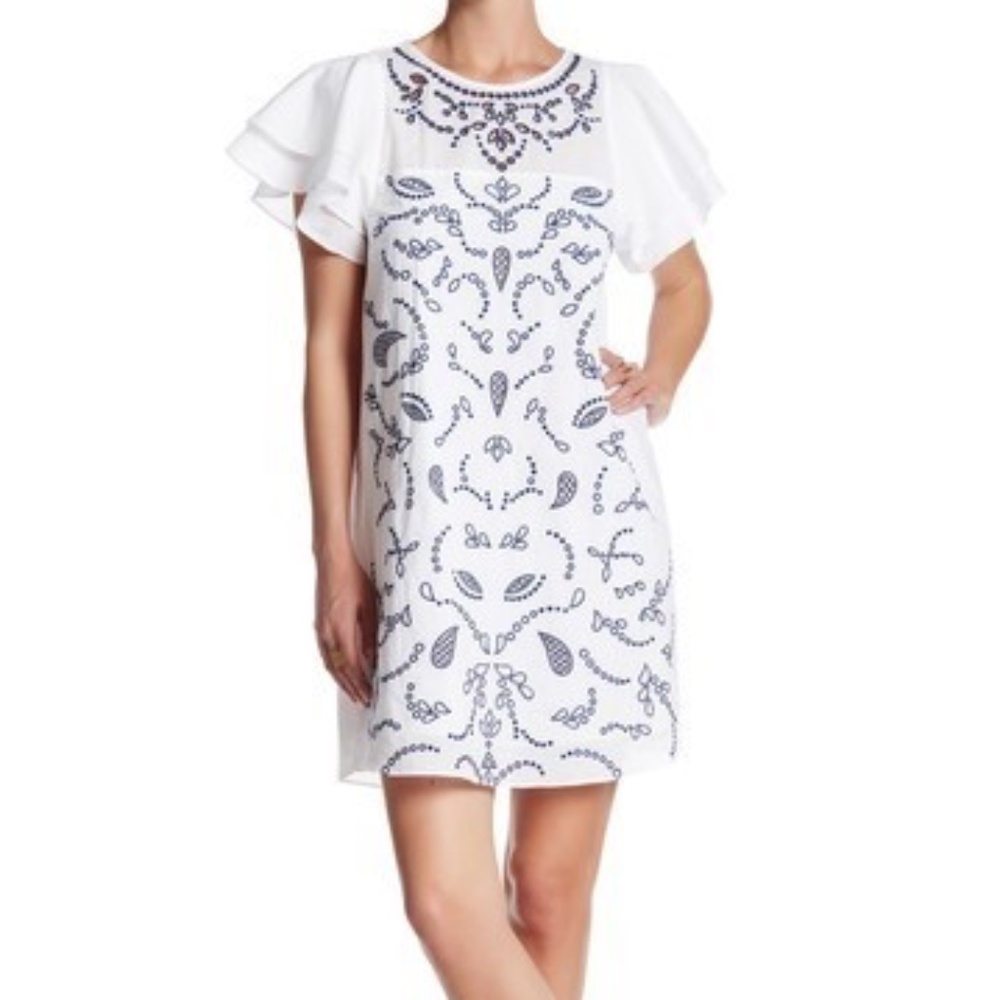 Parker Tiered flutter sleeve Embroidered eyelet cotton white dress size M